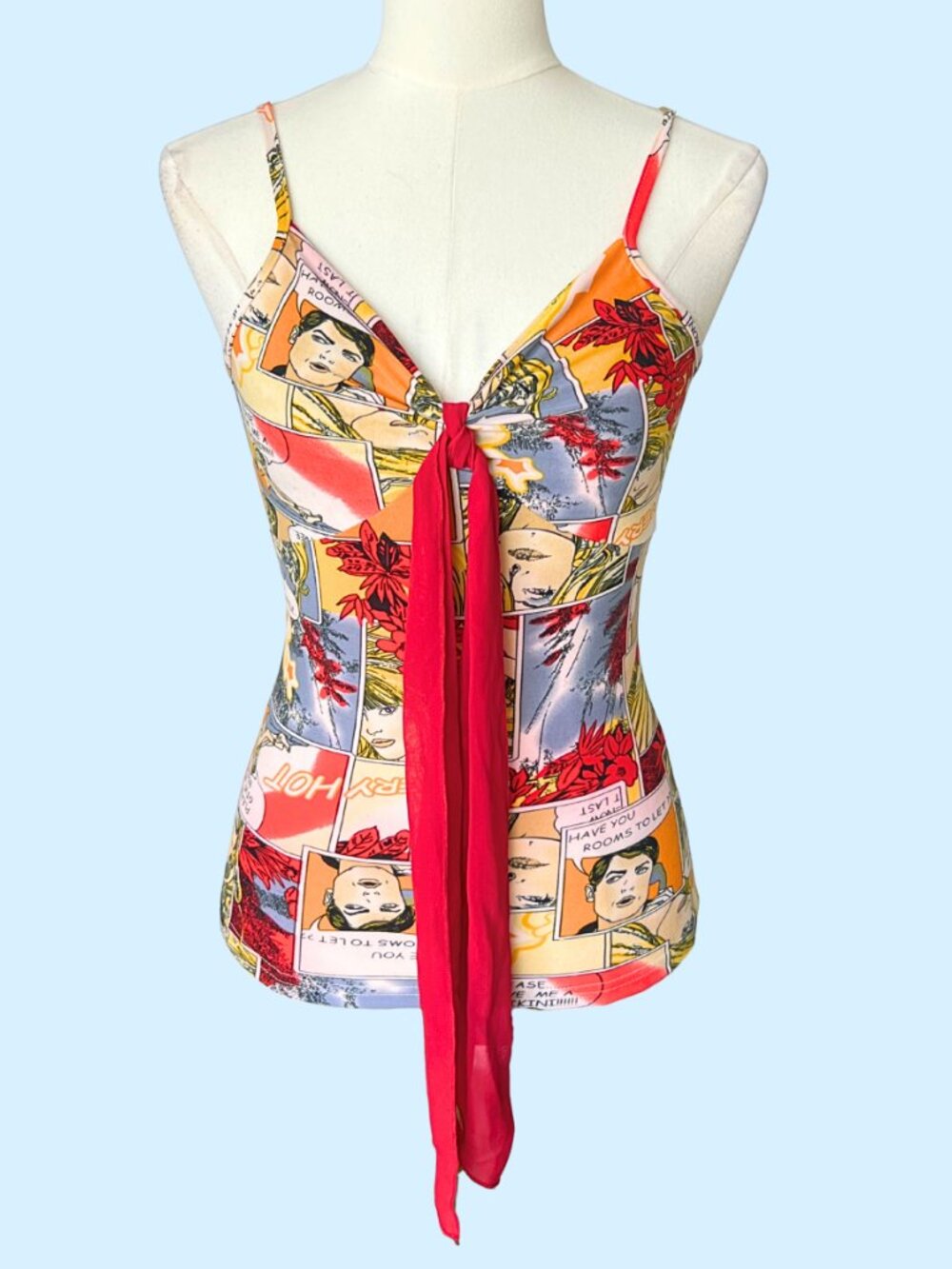 Y2K Vintage Pop Art Comic Print Tie Front Cami